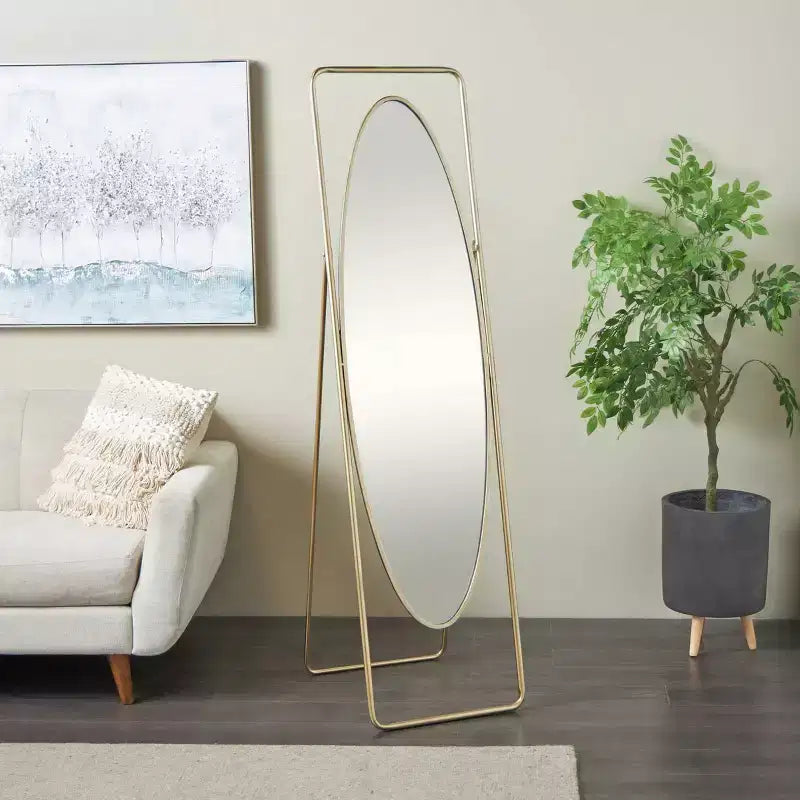 Miroir sur pied ovale géométrique en métal avec cadre rectangulaire