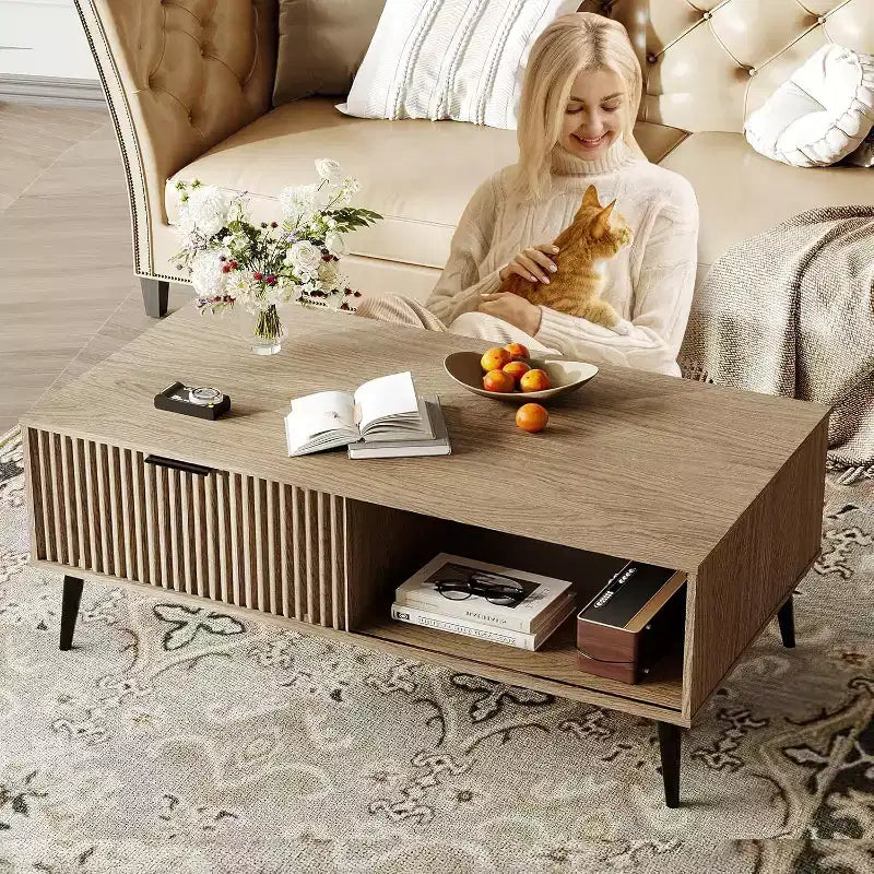 Table basse Mid-Century Modern avec porte coulissante