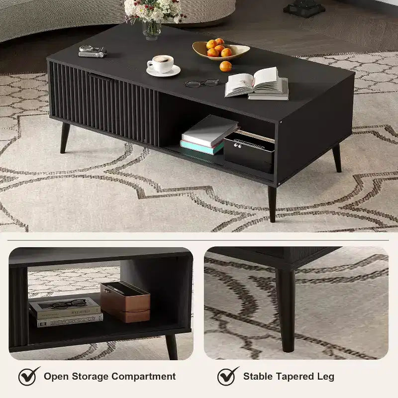 Table basse Mid-Century Modern avec porte coulissante