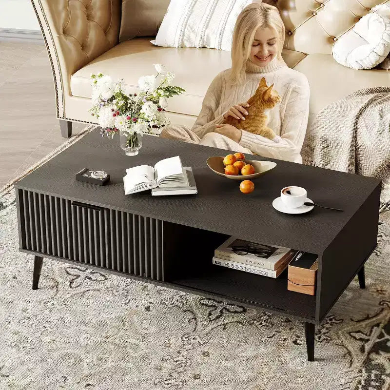 Table basse Mid-Century Modern avec porte coulissante