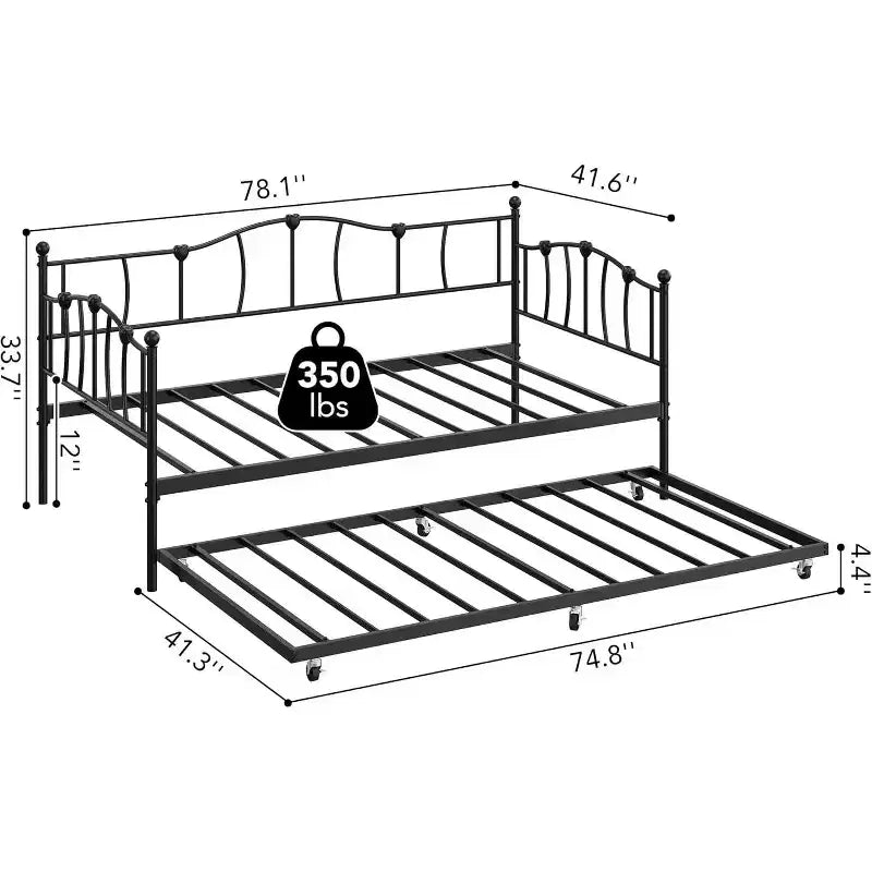 Cadre de lit de repos métallique double avec lit gigogne, lit de repos double