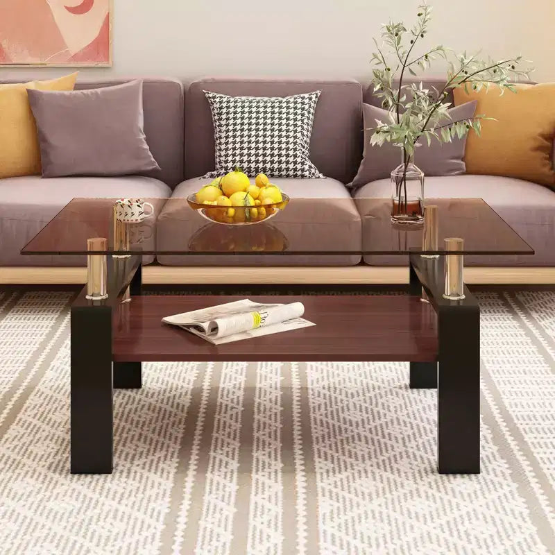 Table basse rectangulaire, plateau en verre trempé avec couche MDF