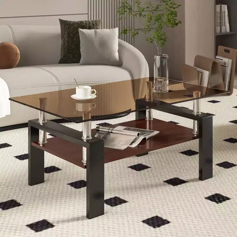 Table basse rectangulaire, plateau en verre trempé avec couche MDF