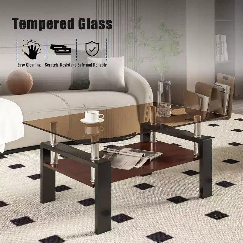 Table basse rectangulaire, plateau en verre trempé avec couche MDF