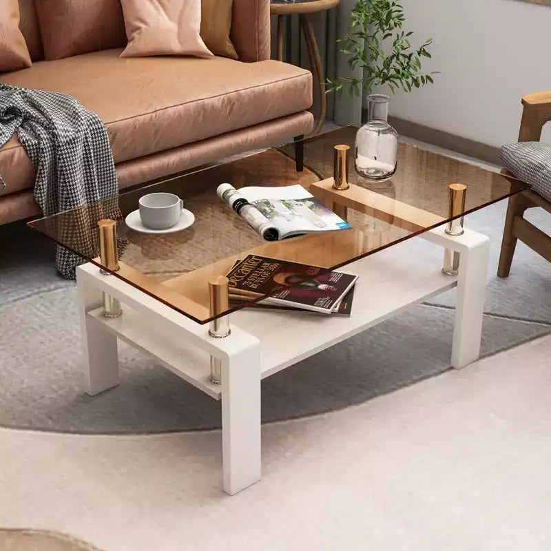 Table basse rectangulaire, plateau en verre trempé avec couche MDF