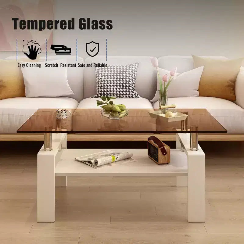 Table basse rectangulaire, plateau en verre trempé avec couche MDF