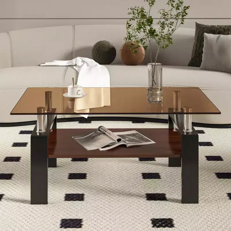 Table basse rectangulaire, plateau en verre trempé avec couche MDF