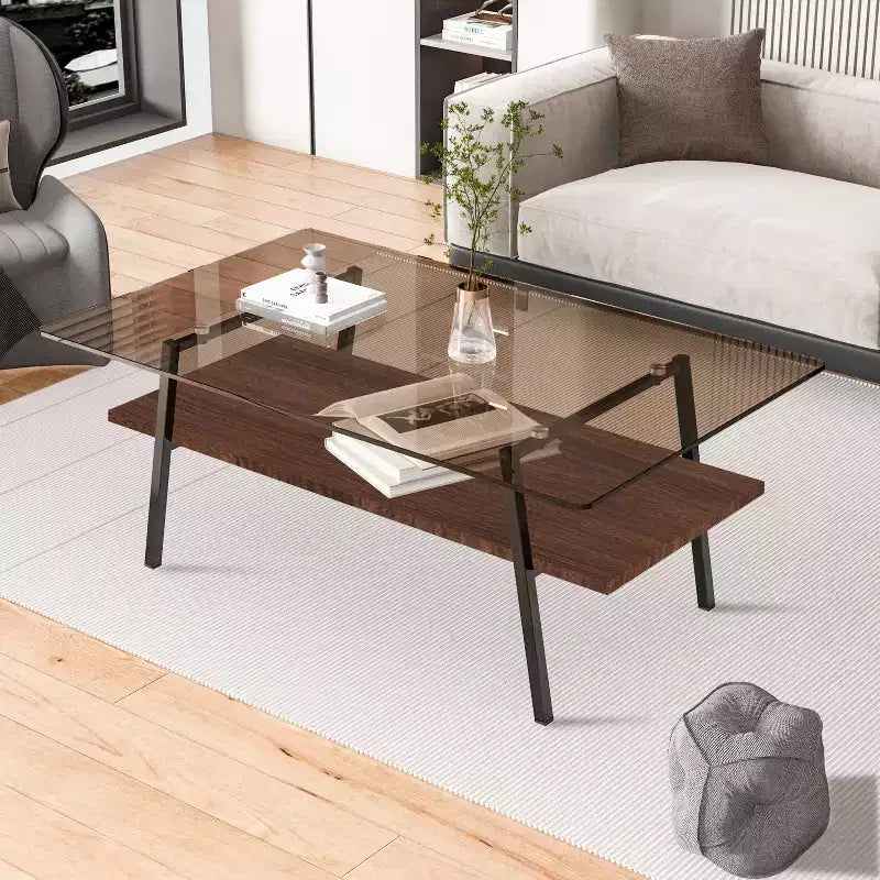 Table basse rectangulaire, plateau en verre trempé avec