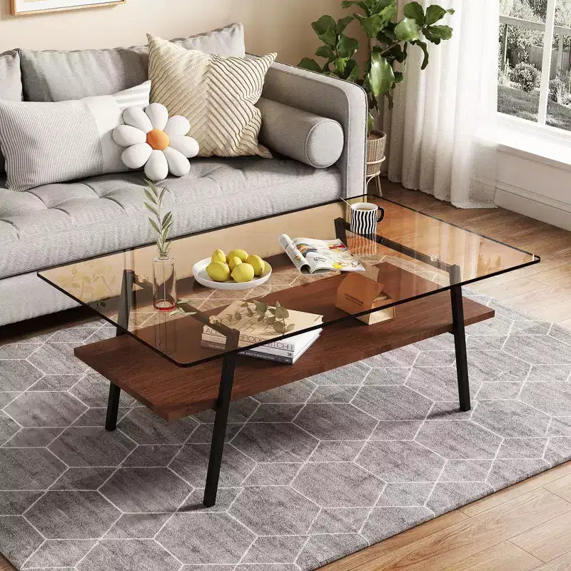Table basse rectangulaire, plateau en verre trempé avec