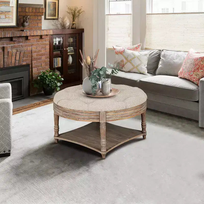 Table basse ronde pouf étanche avec design capitonné