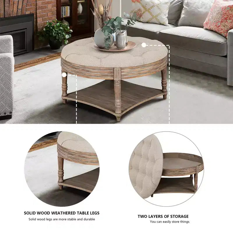 Table basse ronde pouf étanche avec design capitonné