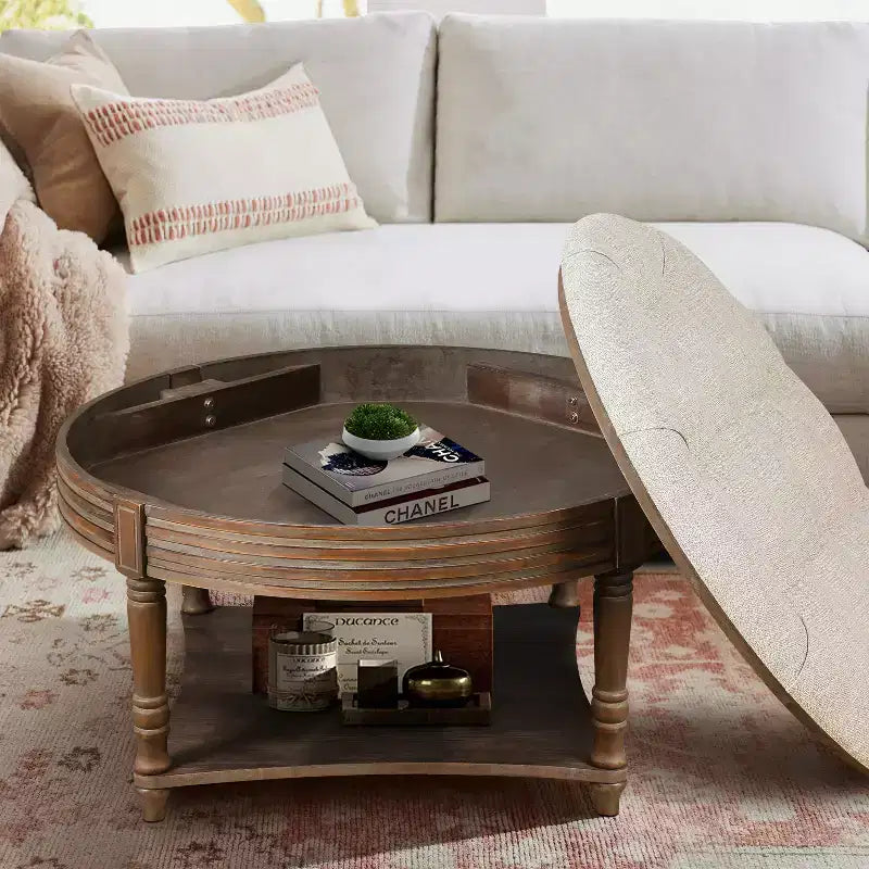 Table basse ronde pouf étanche avec design capitonné