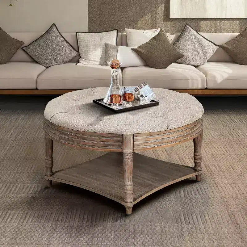 Table basse ronde pouf étanche avec design capitonné