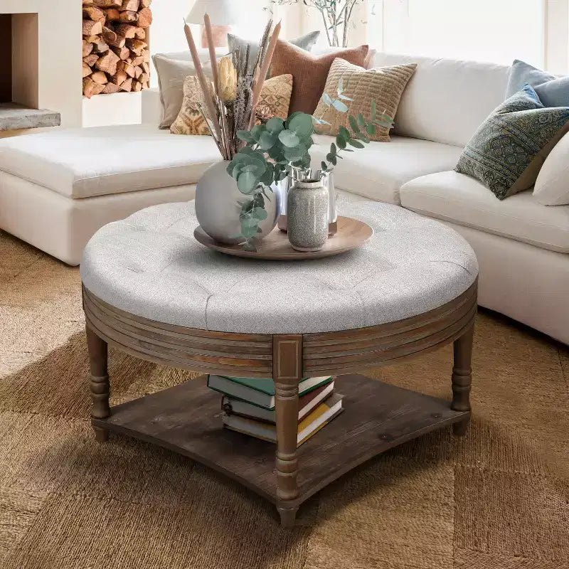 Table basse ronde pouf étanche avec design capitonné