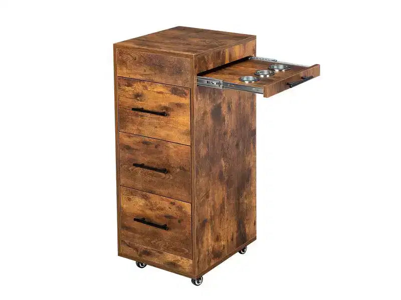 Karl Home Rustic Brown Wooden Salon Trolley Cart with Wheels and 3 Drawers