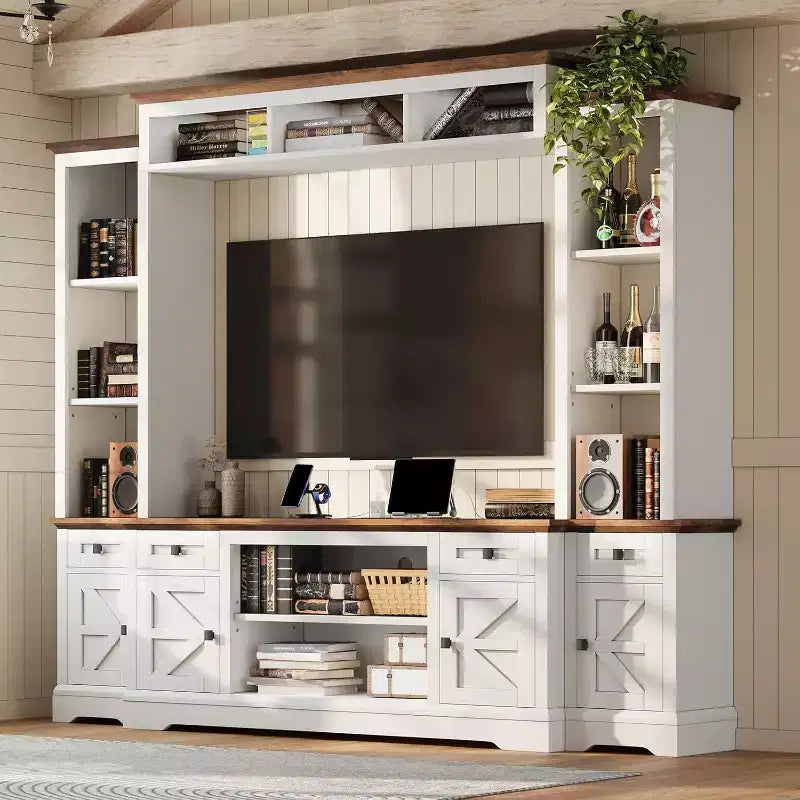 AMERLIFE Farmhouse Entertainment Center Wall Unit with Bookshelves