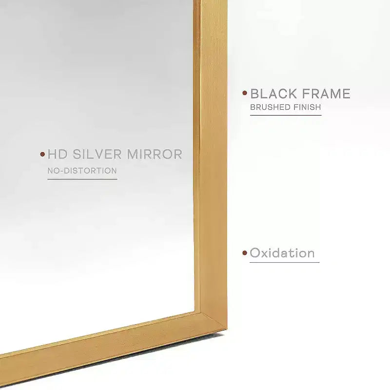 Miroir de salle de bain mural arqué à cadre métallique noir.