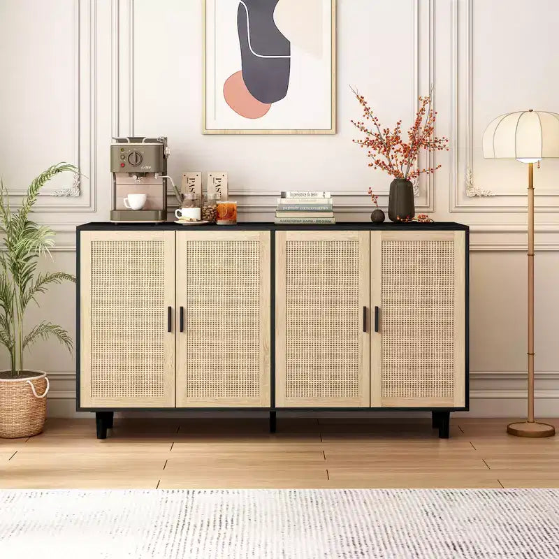JVNOXK 62.20-inch Elegant and Practical Four-Door Rattan Decorative Storage Cabinet, Suitable for Bedrooms and Living Rooms, Black