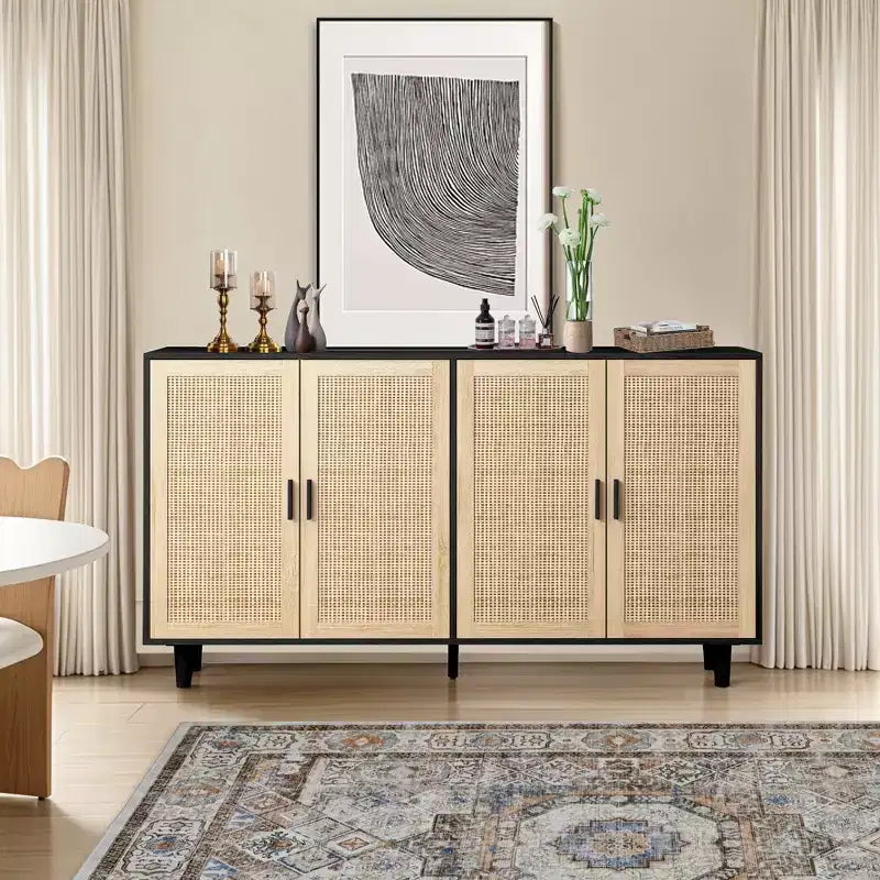 Élégant et pratique meuble de rangement décoratif à quatre portes en rotin