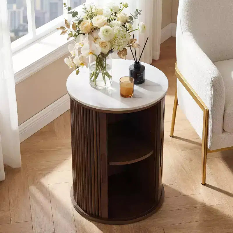 Table d'appoint circulaire en marbre artificiel avec espace de rangement, table de chevet moderne médiévale