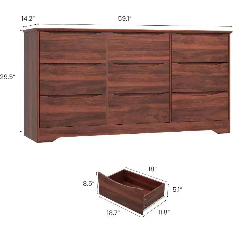Commode de chambre à 9 tiroirs de 59 po de large avec motif ondulé