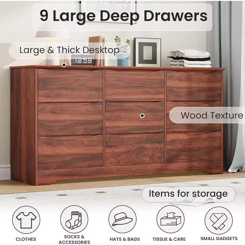 Commode de chambre à 9 tiroirs de 59 po de large avec motif ondulé