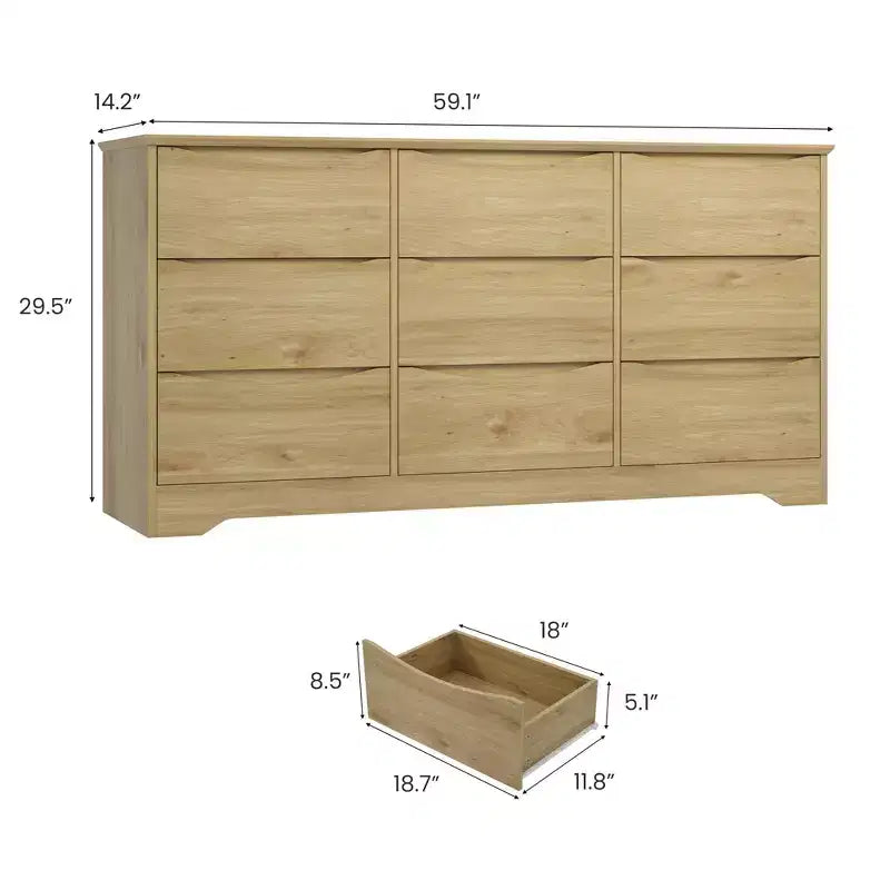 Commode de chambre à 9 tiroirs de 59 po de large avec motif ondulé