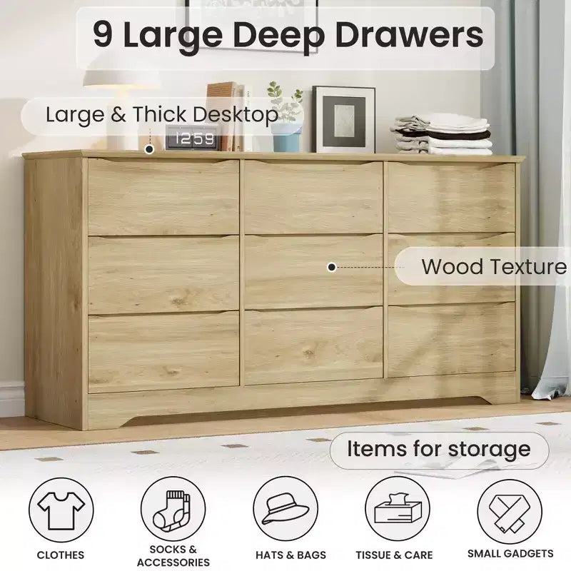 Commode de chambre à 9 tiroirs de 59 po de large avec motif ondulé