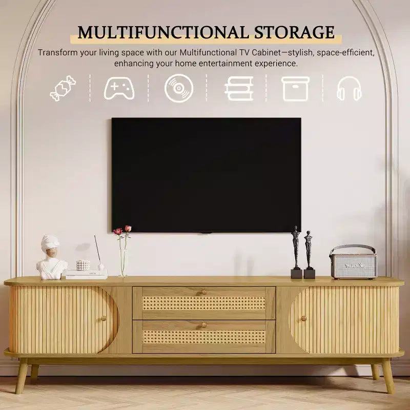 Meuble TV de style ferme moderne avec tiroirs en rotin et portes coulissantes