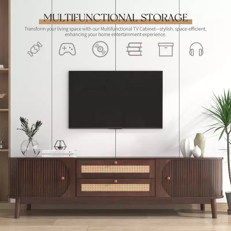 Meuble TV de style ferme moderne avec tiroirs en rotin et portes coulissantes