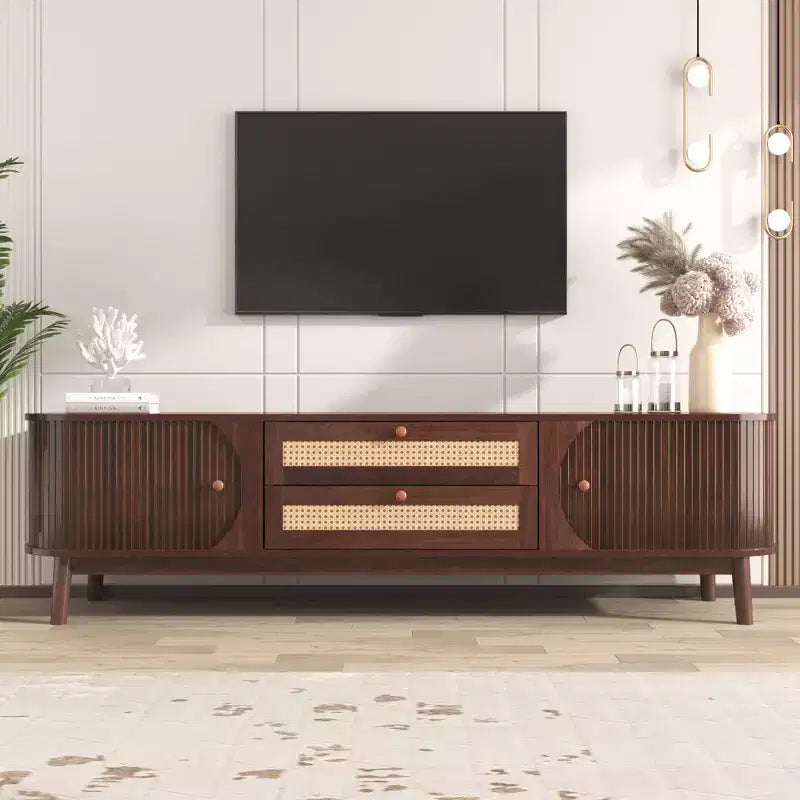 GDFStudio Miles Modern Farmhouse TV Stand with Rattan Drawers and Sliding Cabinet Doors
