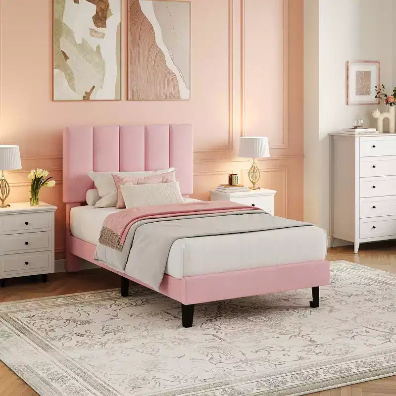 Velvet Upholstered Platform Bed Frame with Adjustable Vertical Channel Tufted Headboard, Easy Assembly, No Box Spring Required