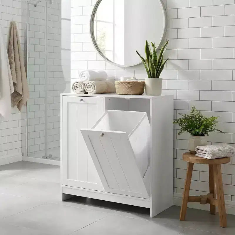 FurnitureR Slim Laundry Hamper Cabinet with Tilt-Out Basket and Storage Door, Narrow Bathroom Organizer with Removable Basket in White MDF