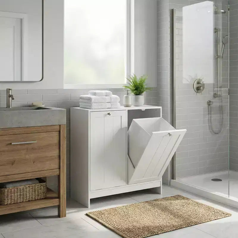 Meuble fin de buanderie avec panier basculant et porte de rangement