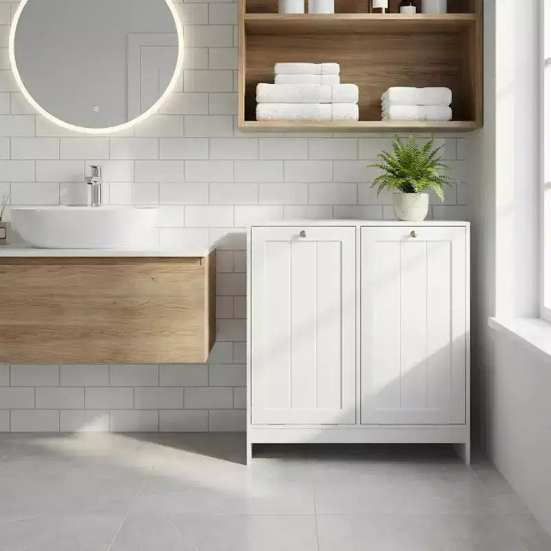 Meuble fin de buanderie avec panier basculant et porte de rangement