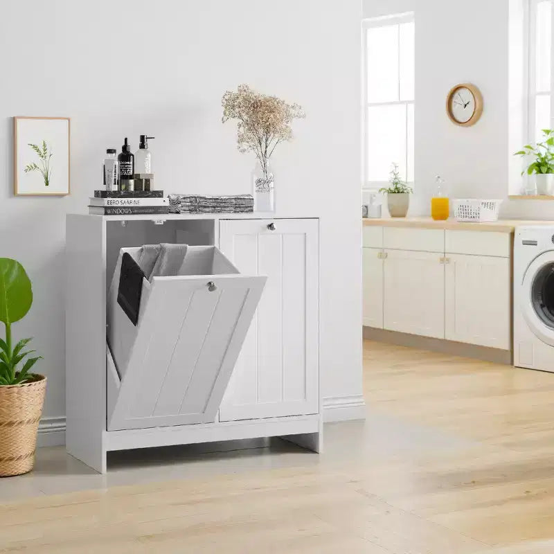 Meuble fin de buanderie avec panier basculant et porte de rangement