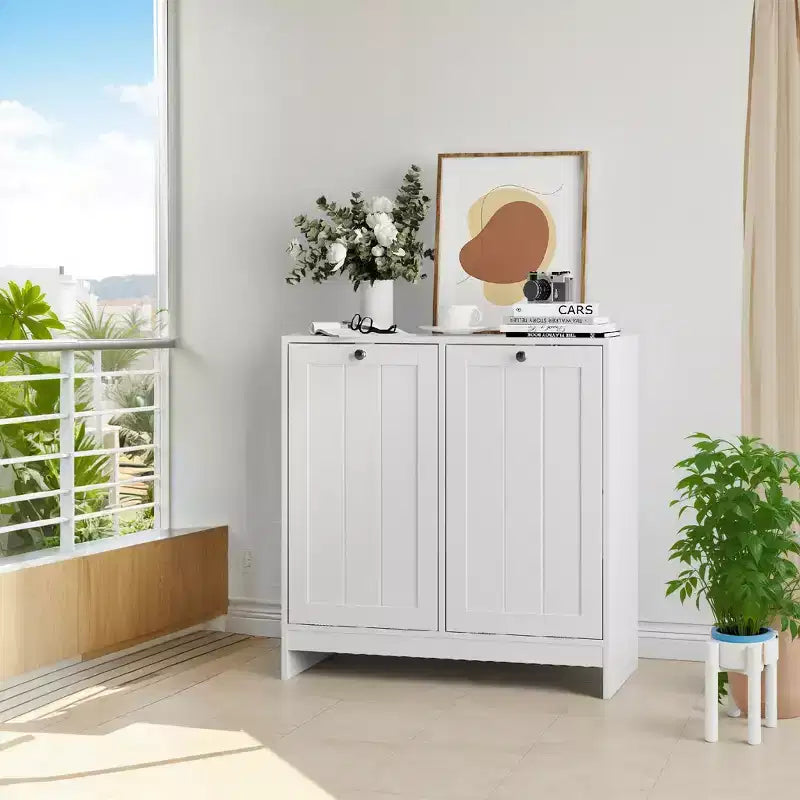 Meuble fin de buanderie avec panier basculant et porte de rangement