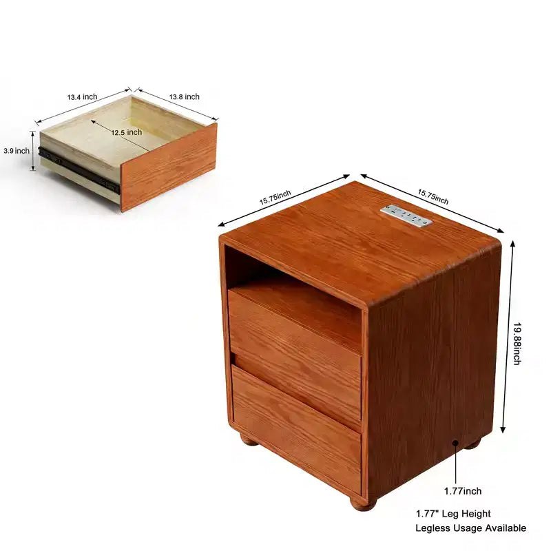 Table de chevet 2 tiroirs en hévéa avec station de recharge