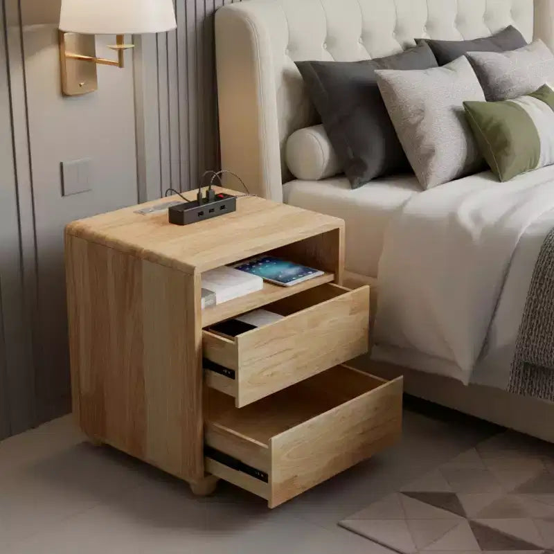 GDFStudio Phyllis Rubberwood 2-Drawers Nightstand with Charging Station and Shelves