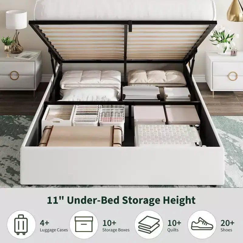 Cadre de lit relevable pleine grandeur avec rangement, lit plateforme moderne en velours.