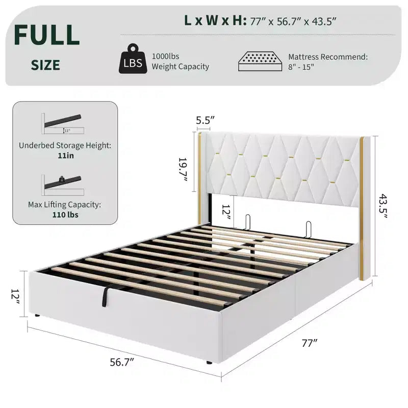 Cadre de lit relevable pleine grandeur avec rangement, lit plateforme moderne en velours.