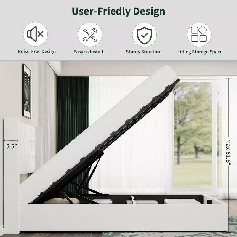 Cadre de lit relevable pleine grandeur avec rangement, lit plateforme moderne en velours.