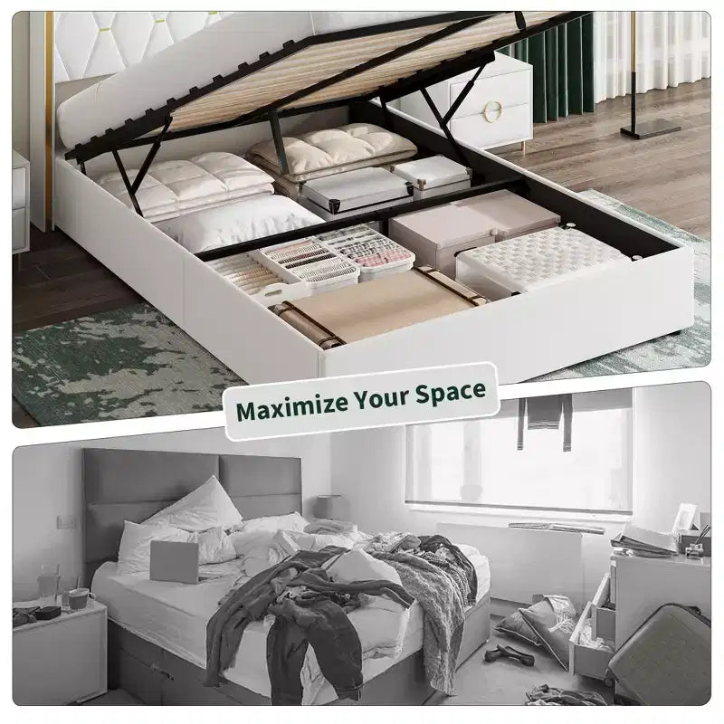 Cadre de lit relevable pleine grandeur avec rangement, lit plateforme moderne en velours.