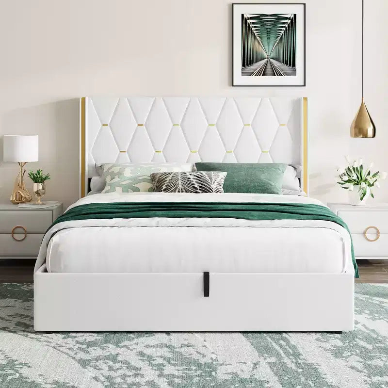 Cadre de lit relevable pleine grandeur avec rangement, lit plateforme moderne en velours.