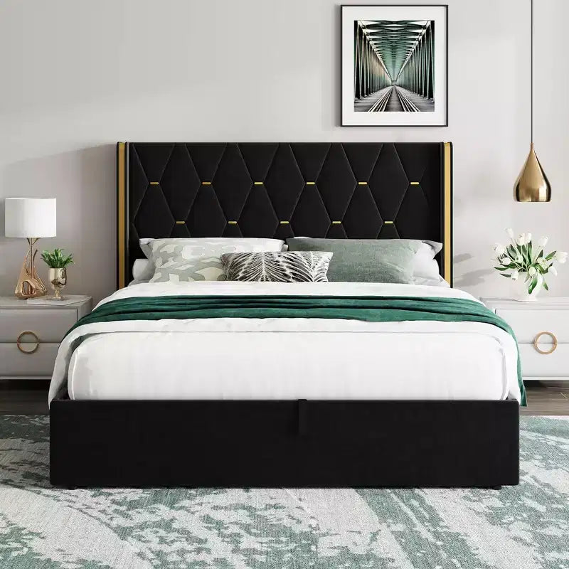Cadre de lit relevable pleine grandeur avec rangement, lit plateforme moderne en velours.