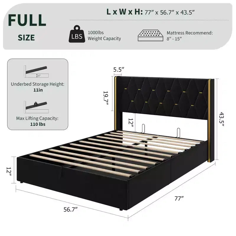 Cadre de lit relevable pleine grandeur avec rangement, lit plateforme moderne en velours.