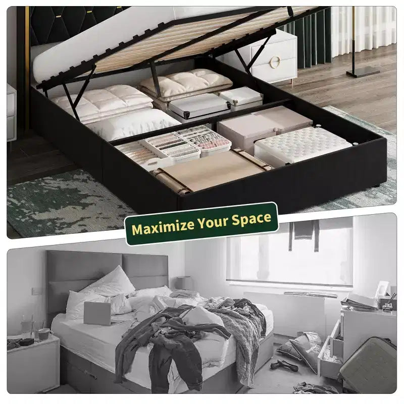 Cadre de lit relevable pleine grandeur avec rangement, lit plateforme moderne en velours.