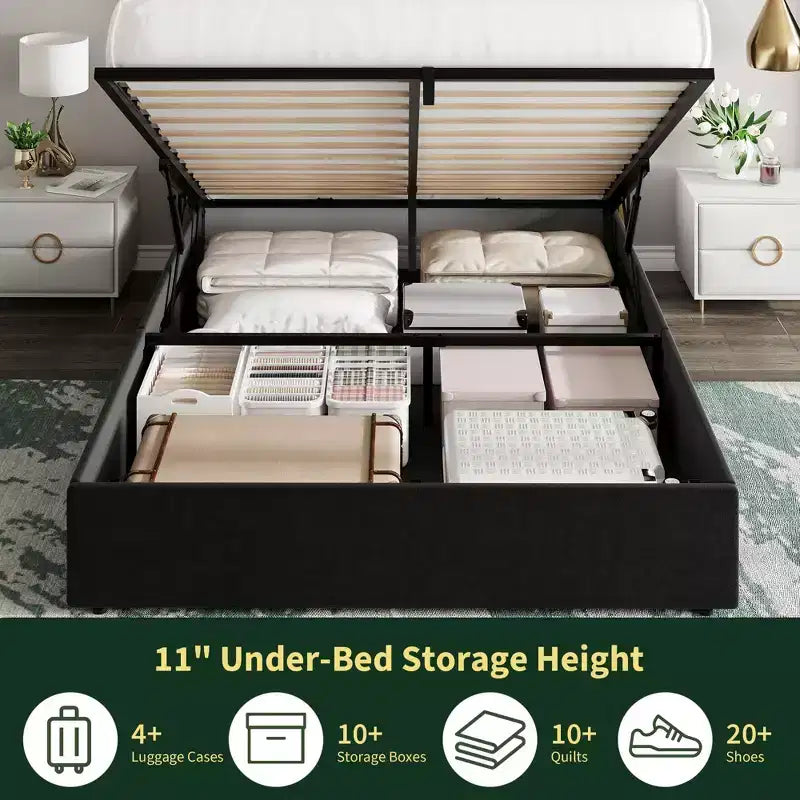 Cadre de lit relevable pleine grandeur avec rangement, lit plateforme moderne en velours.