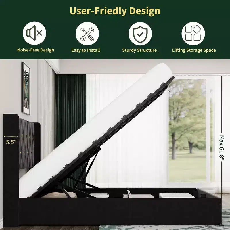 Cadre de lit relevable pleine grandeur avec rangement, lit plateforme moderne en velours.