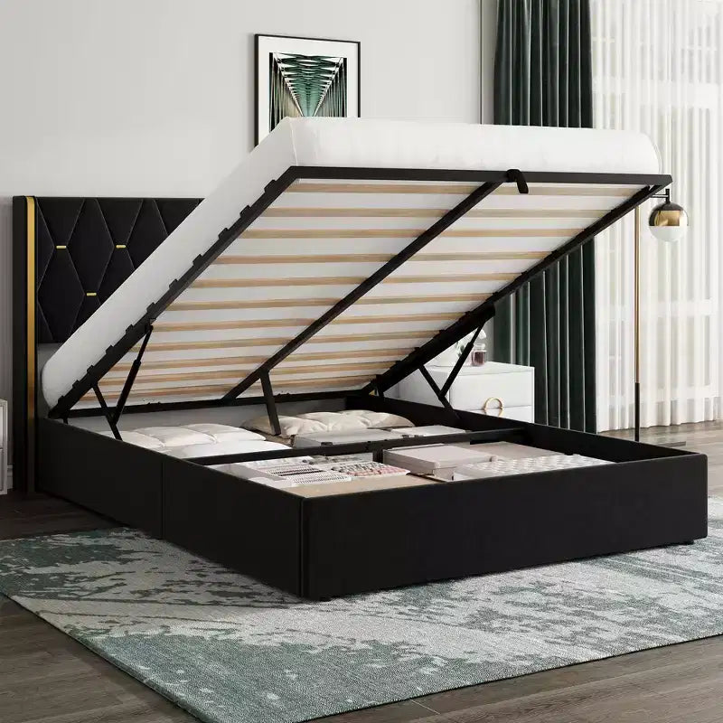 Full Size Lift Up Storage Bed Frame, Modern Velvet Upholstered Platform Bed Frame with Wingback Headboard, No Box Spring Needed